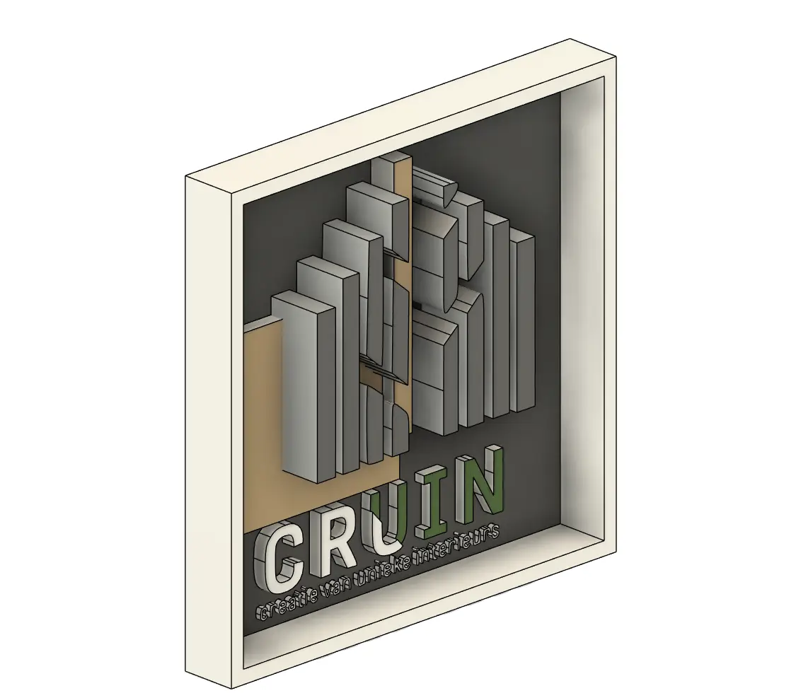 3D ontwerp van een wanddecoratie met logo en reliëf, voorbeeld van creatieve 3D prints.